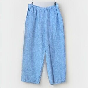 Flax Linen Crop Pants Large Light Blue Elastic Waist Wide Leg Pull On Lagenlook